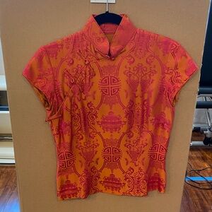 Shanghai Tang Red and Orange Brocade Mandarin Collar Top